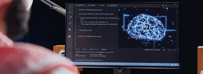 Sviluppatore che incorpora l'IA nel codice, fondendo la logica dell'apprendimento automatico con i flussi di lavoro del software