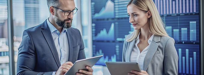 Business consultants review real-time analytics dashboards on tablets, surrounded by digital charts in a modern office