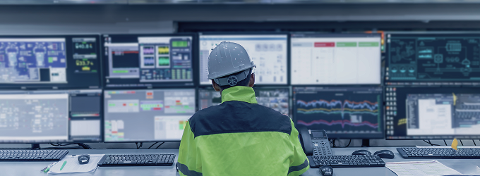 Production specialist oversees manufacturing systems and performance indicators on a digital command center.