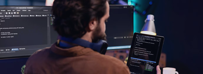 Software engineer checking and debugging code across multiple screens
