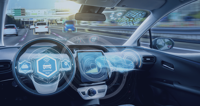 Connected vehicle HUD displays real-time sensor data and AI navigation for autonomous driving