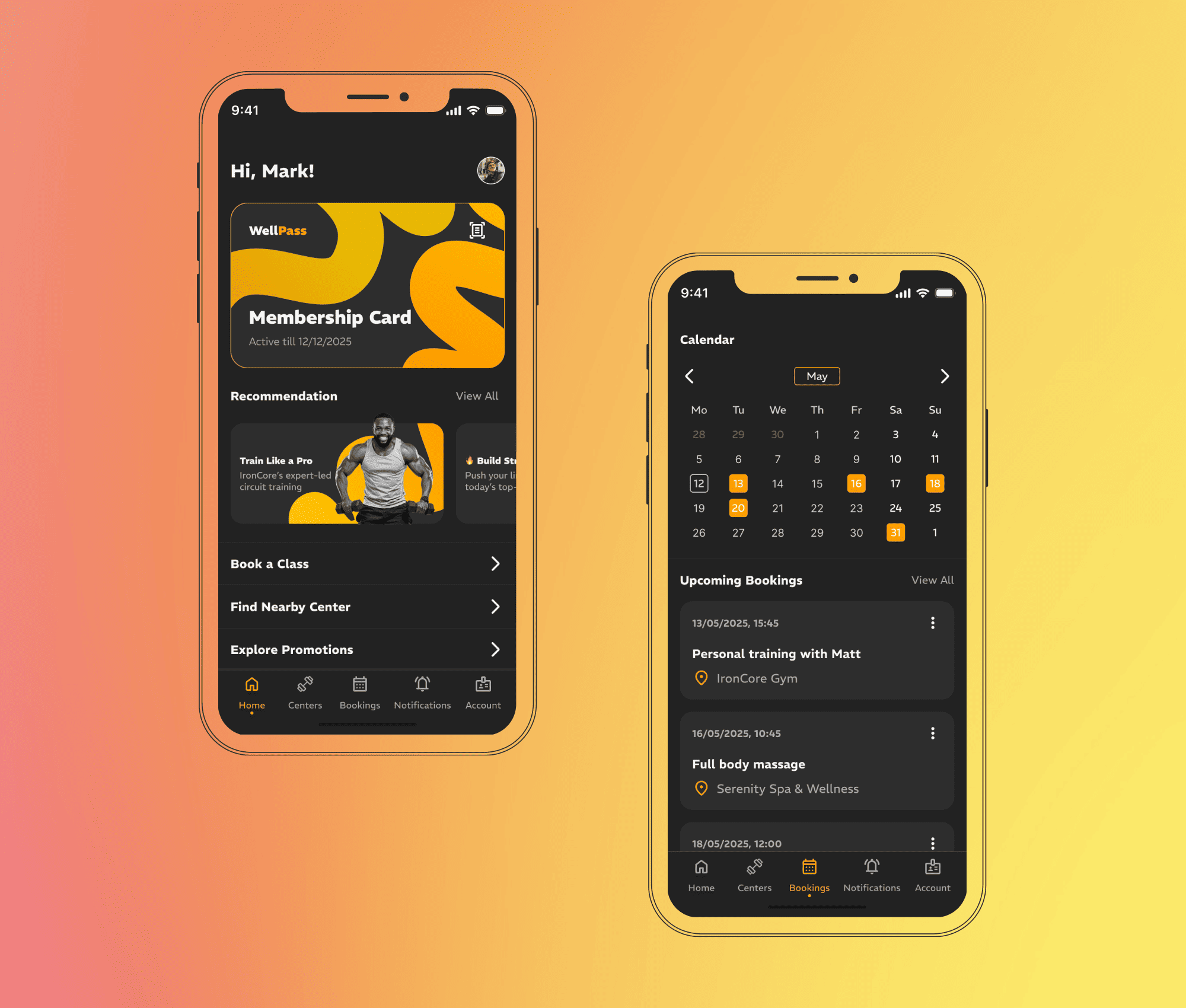 Core interface of the gym membership app