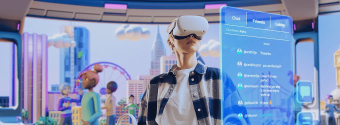 Early adopters explore a virtual social platform in VR, interacting with avatars and shared applications.