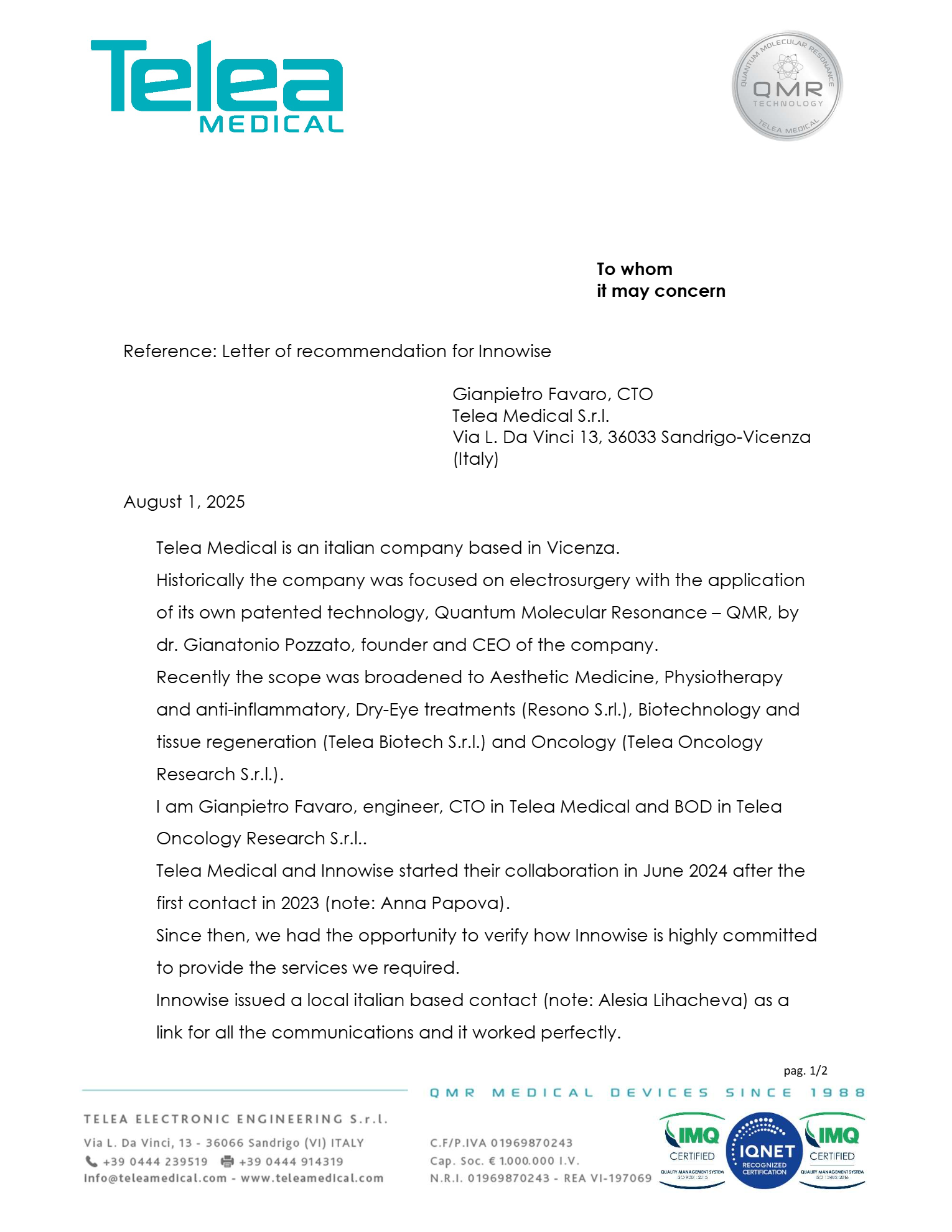 Letter of recommendation, Page 1