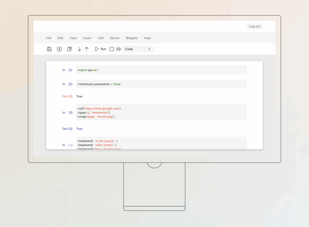 Codefragment dat robotic process automation setup in Jupyter toont voor het automatiseren van taken.
