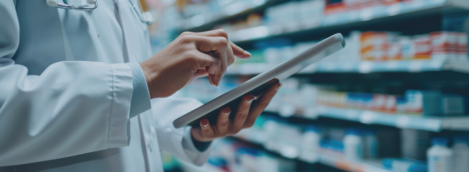 Pharmacist verifies stock levels and tracks prescriptions data with real-time digital tools.