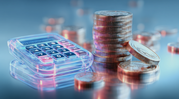 Calculadora junto a monedas apiladas, ilustrando conceptos de análisis numérico y cálculo financiero.