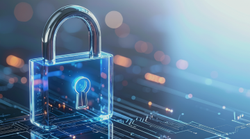 Candado digital transparente sobre un fondo en forma de circuito que simboliza la seguridad de los sistemas y la protección de datos.