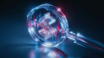 Lupa que resalta un símbolo de dólar digital, haciendo hincapié en el análisis detallado de los datos monetarios.