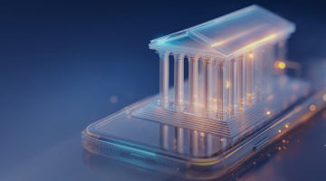 Estructura arquitectónica transparente superpuesta a un smartphone, que transmite sistemas digitales conectados a instituciones.