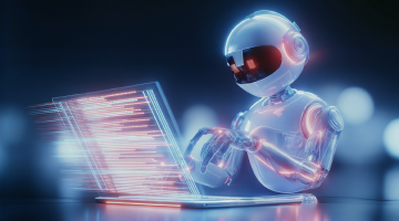 Figura robótica trabajando en un ordenador portátil con líneas de datos iluminadas, que transmite el desarrollo tecnológico o los sistemas AI.