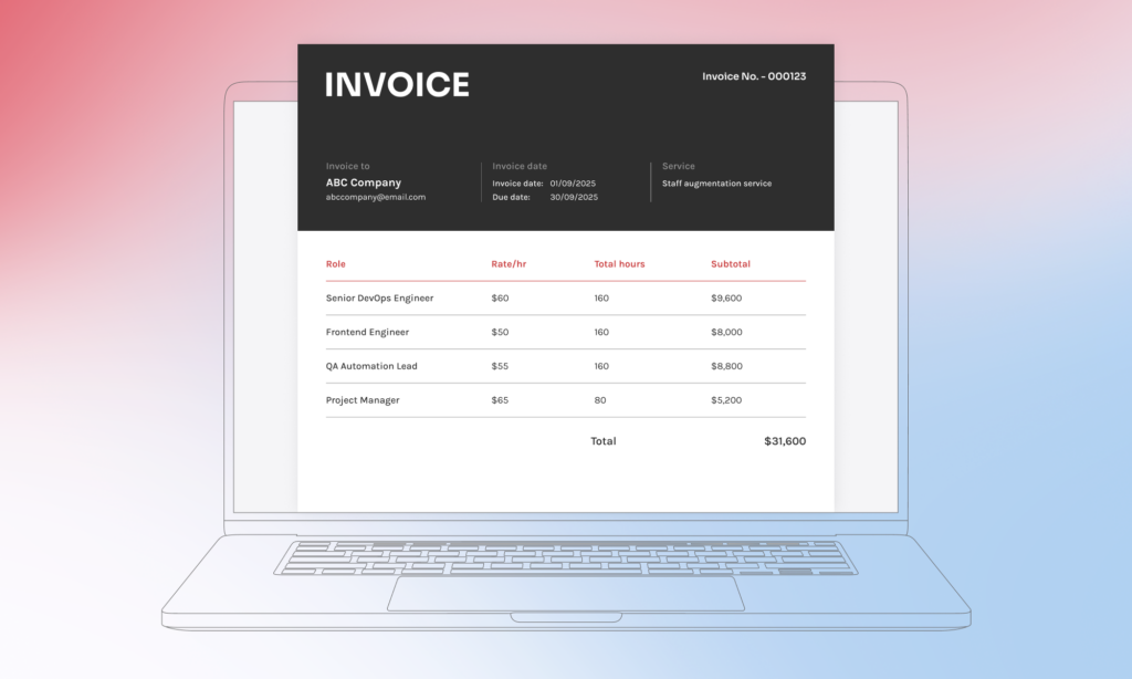 Invoice for staff augmentation services listing roles, hourly rates, hours worked, and total cost.