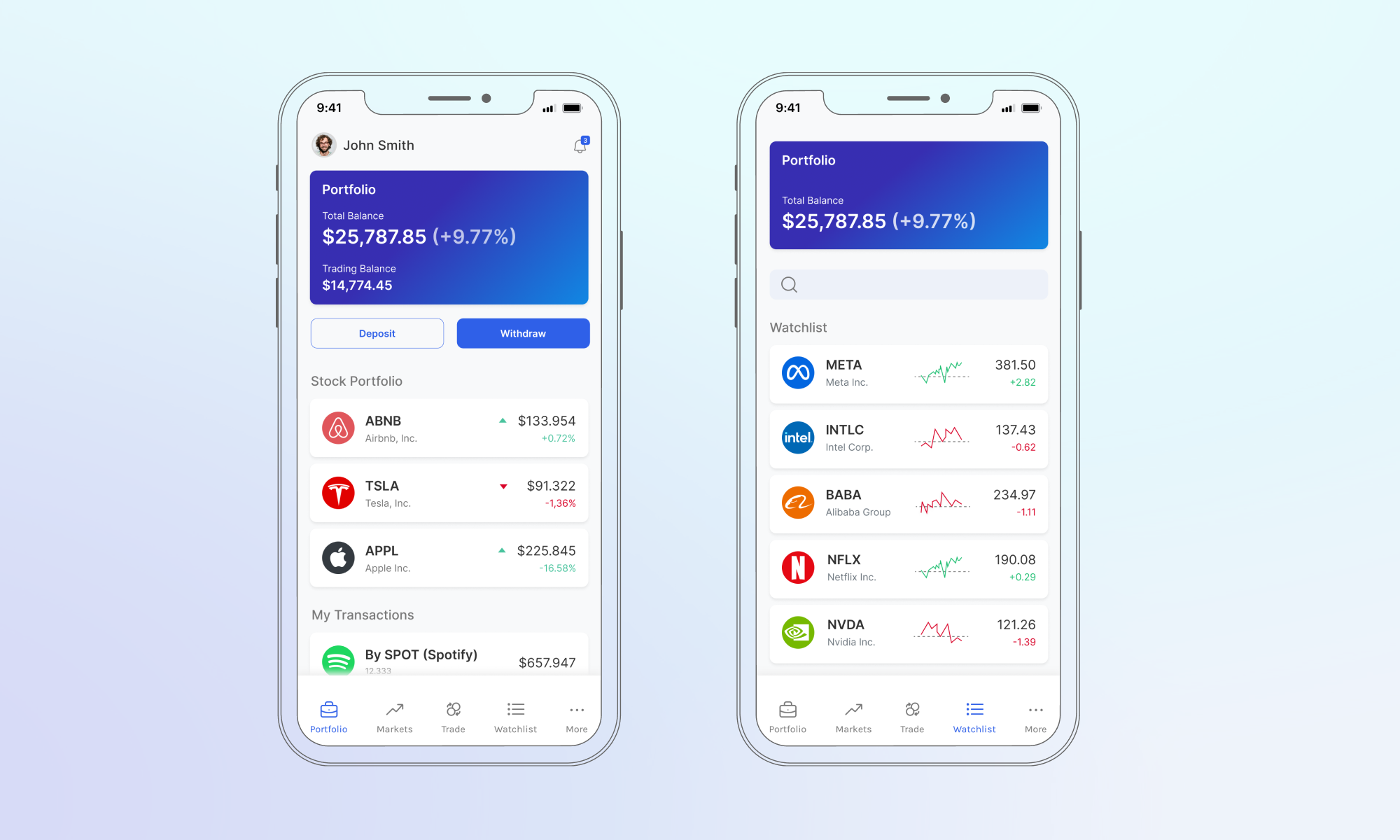 Appskärmar för mobil aktiehandel som visar kontosaldo, aktieinnehav och bevakningslistor i realtid.