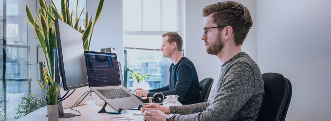 Agiles Entwicklungsteam, das in einem modernen technischen Arbeitsraum mit Pflanzen programmiert und zusammenarbeitet