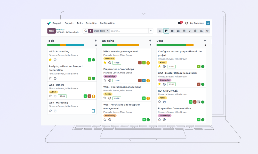 Odoo projektledningsmodul med Kanban-tavla
