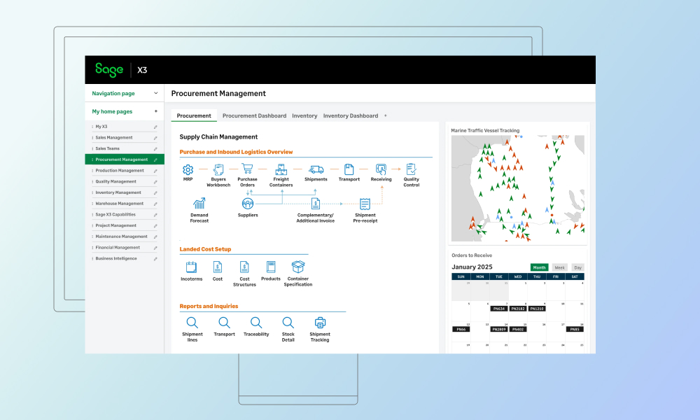 Sage X3 tillverkningsinstrumentpanel för produktionsplanering, arbetsorder, lagerkoordinering och butiksgolvkontroll