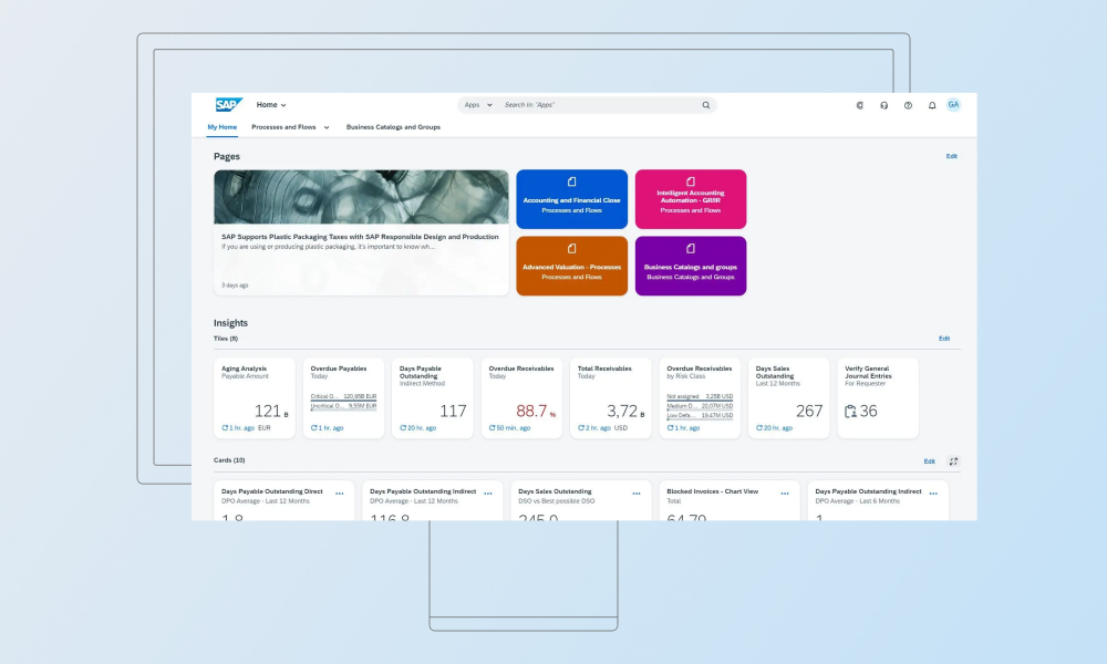 SAP S/4HANA-instrumentpanel som visar finansanalys, spårning av kundfordringar, övervakning av leverantörsskulder och redovisningsprocesser