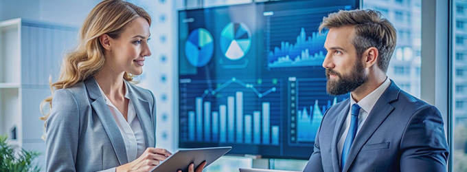 Business professionals discussing trends with data charts in a meeting room