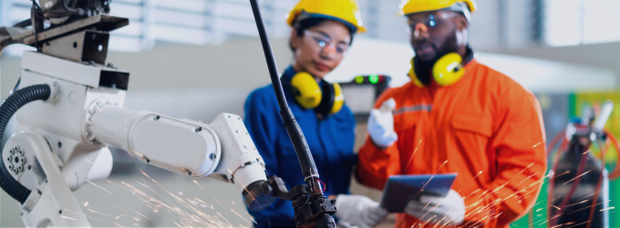 Manufacturing engineers inspect robotic welding arm, reviewing process data on a tablet amid sparks.
