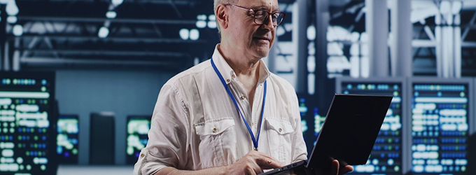 Software specialist analyzing network alerts and code on multiple desktop displays