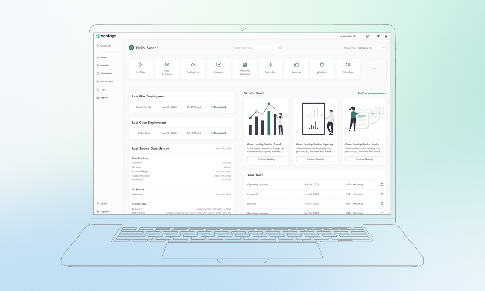 Centage dashboard for financial planning showing plan deployment status, revenue forecasting tools, and task lists.