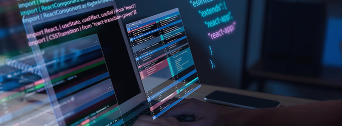 Software engineer conducting a React code merge, viewing side-by-side diffs on a laptop screen