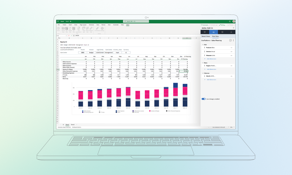Jedox Excel Add-in interface showing a sales planning spreadsheet, stacked bar chart, and data modeling sidebar.