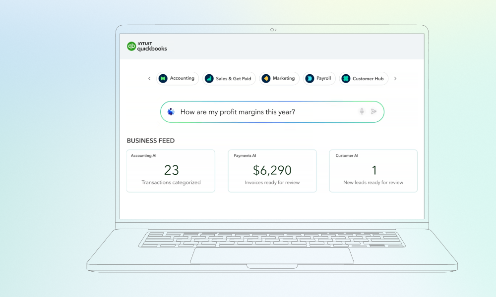 QuickBooks dashboard featuring an AI search bar for profit margin queries and automated business feed updates.