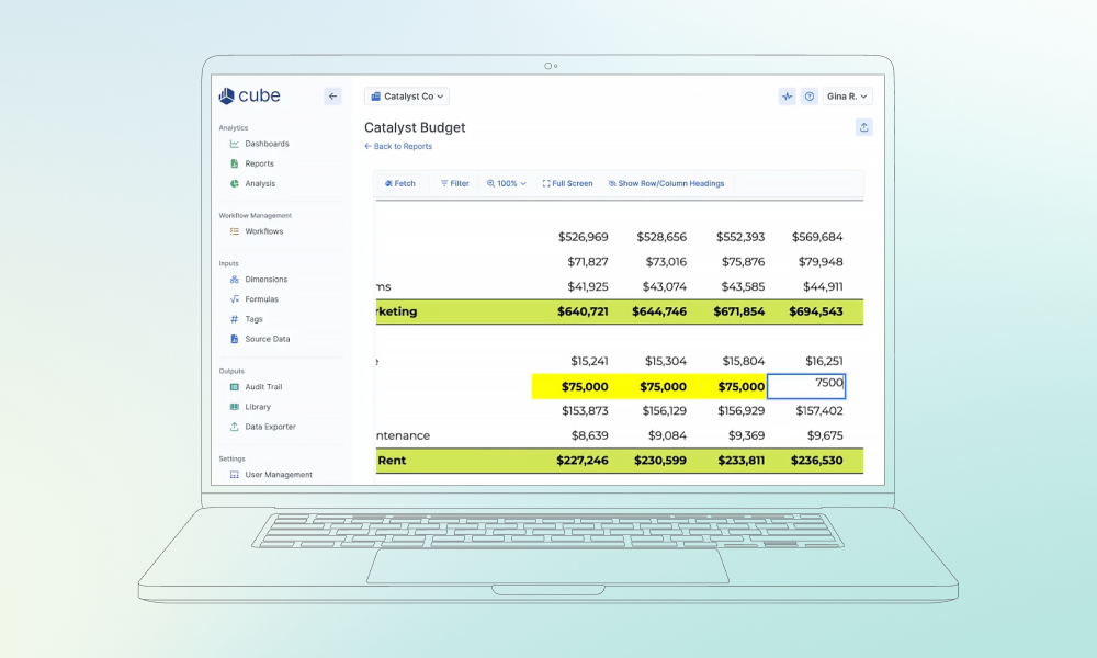 Spreadsheet-based budget management tool featuring columns for data analysis and a sidebar for workflow management.