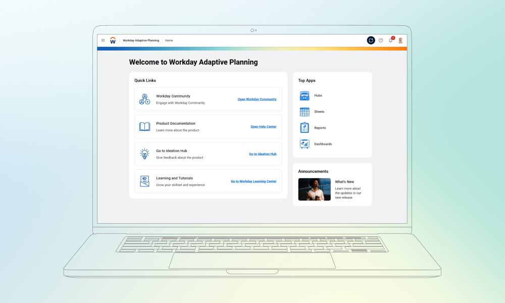 Workday Adaptive Planning home screen featuring quick links to community support, documentation, and training tools.