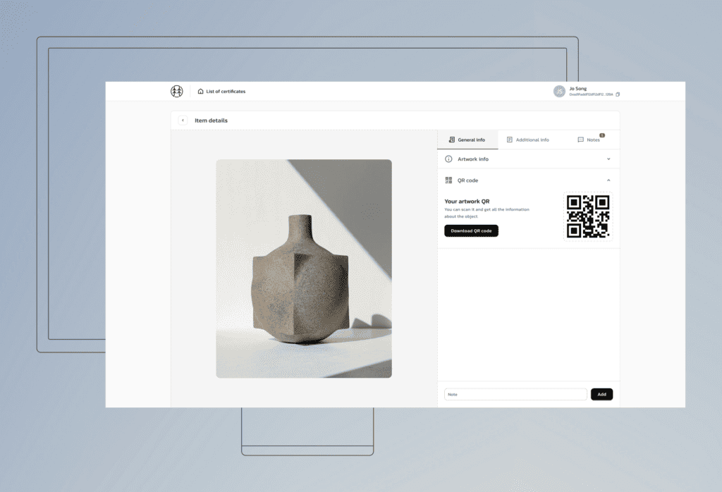 Digital certificate system for artwork tracking, ownership records, and verification management