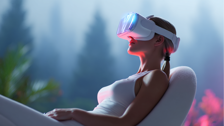 A relaxed woman wearing VR glasses