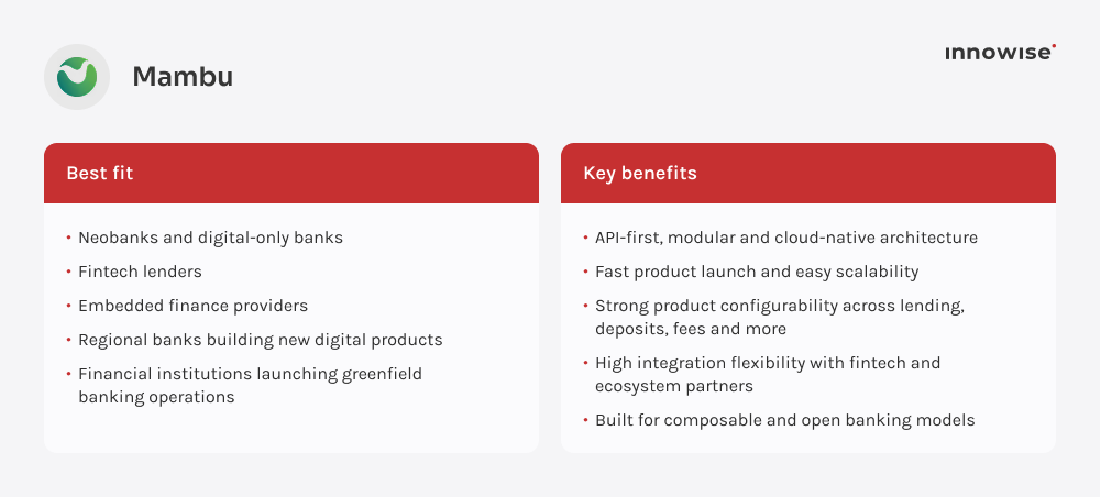 Mambu overview highlighting best-fit banking users and key benefits for digital finance