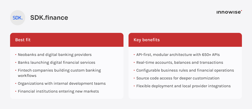 SDK.finance overview covering ideal users, API-first architecture, real-time transactions, and customization capabilities.