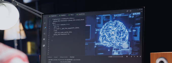 AI engineer enhancing legacy code with an AI module, blending traditional programming with cognitive computing