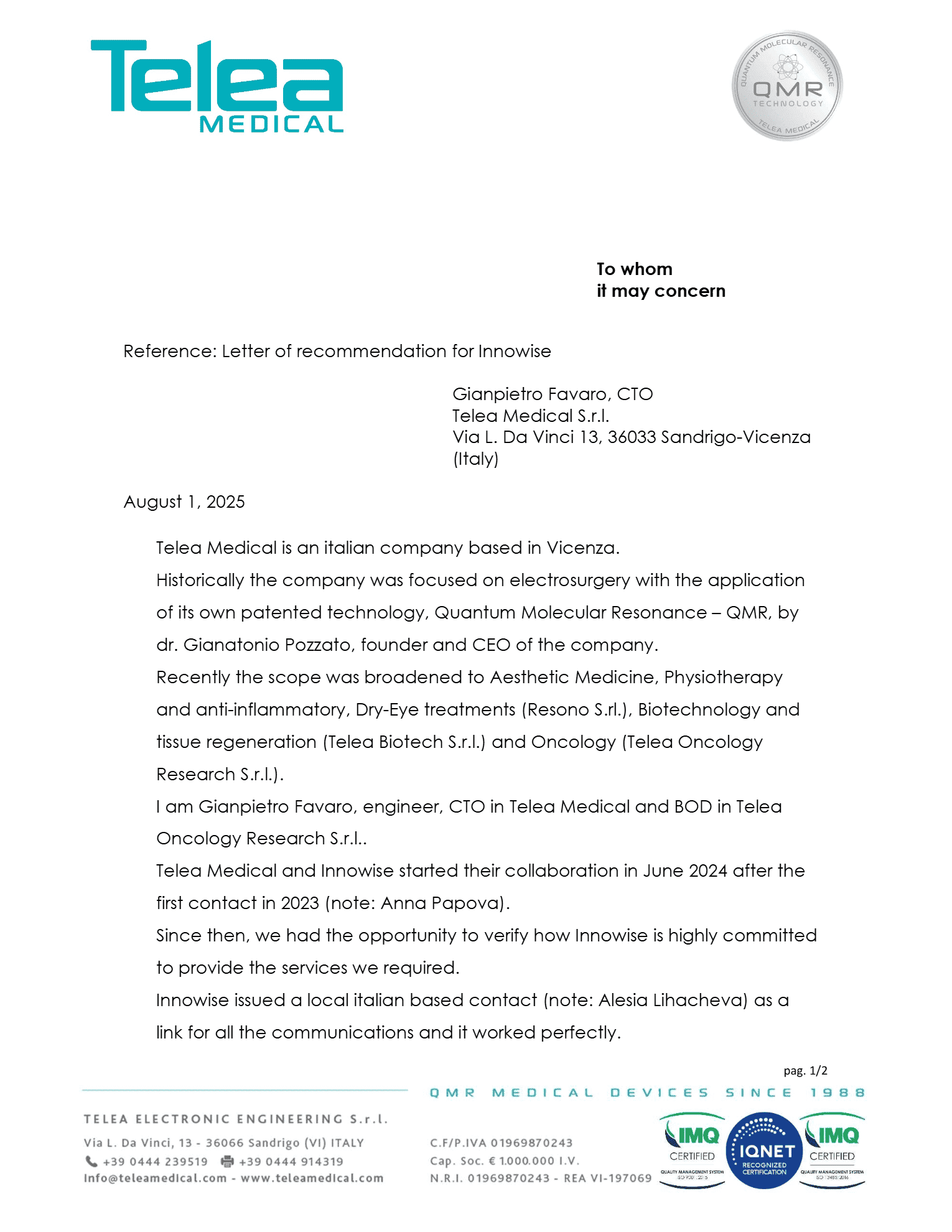 Letter of recommendation, Page 1