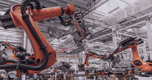 Automated assembly line uses AI-driven robotics for agile, data-powered production and quality control.