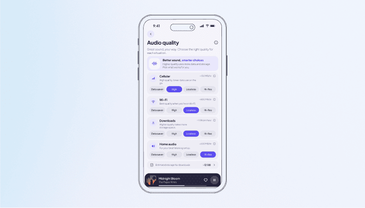 Music app audio quality settings for cellular, Wi-Fi, downloads, and home audio.