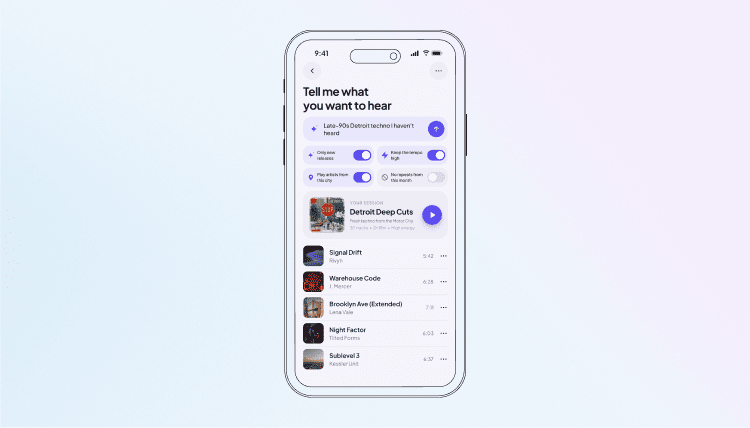 Music app screen for conversational discovery with filters and listener controls.
