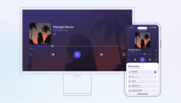 Music app interface showing one listening session across phone, car, laptop, TV, and speaker.