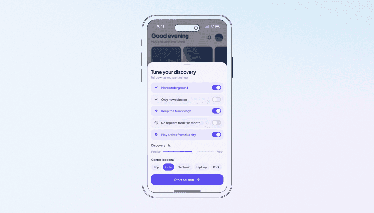 Music app discovery controls screen with filters for recommendations and genre preferences.